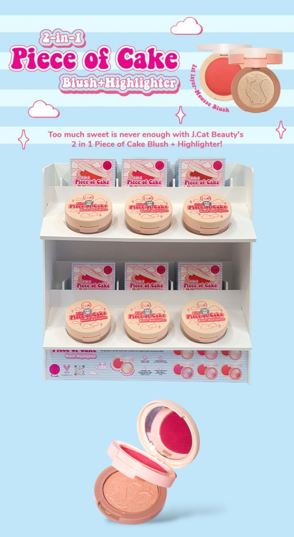 J.CAT BEAUTY 2 in 1 Piece Of Cake Blush + Highlighter 72pcs Dispay + Tester