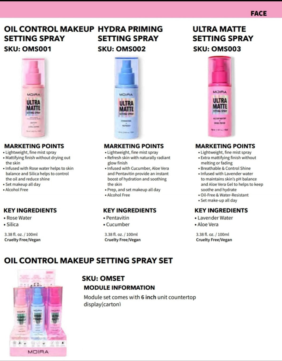 MOIRA Oil Control Makep Setting Spray w/ Display 18pcs Display + Tester