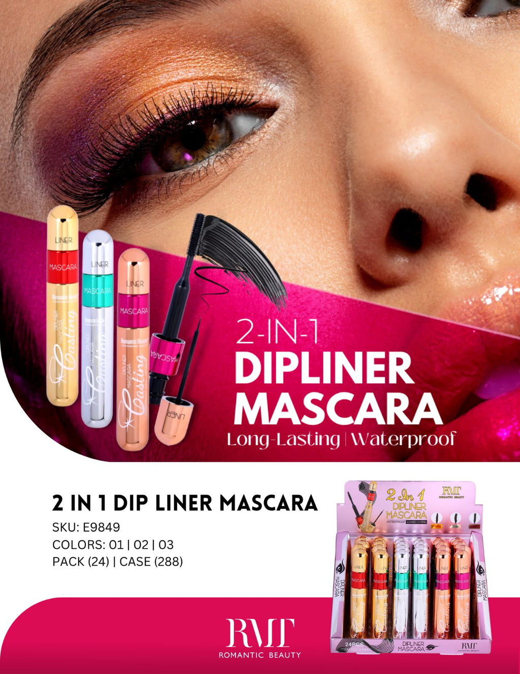 ROMANTIC BEAUTY 2 en 1 Dipliner Mascara Waterproof # E9849 24pcs Display