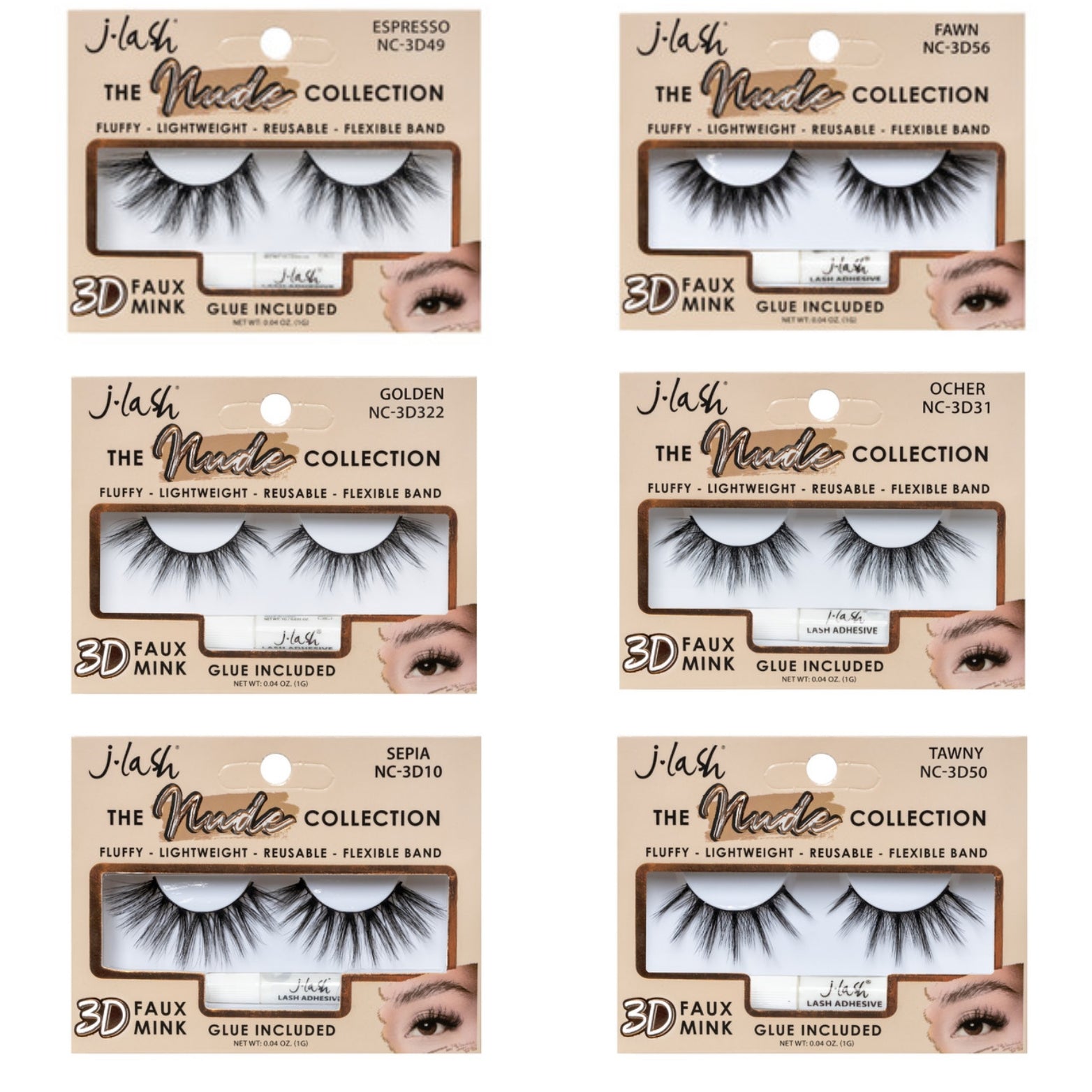 JLASH - THE NUDE COLLECTION  - 3D FAUX MINK & LASH GLUE - SET B / 36PCS DISPLAY