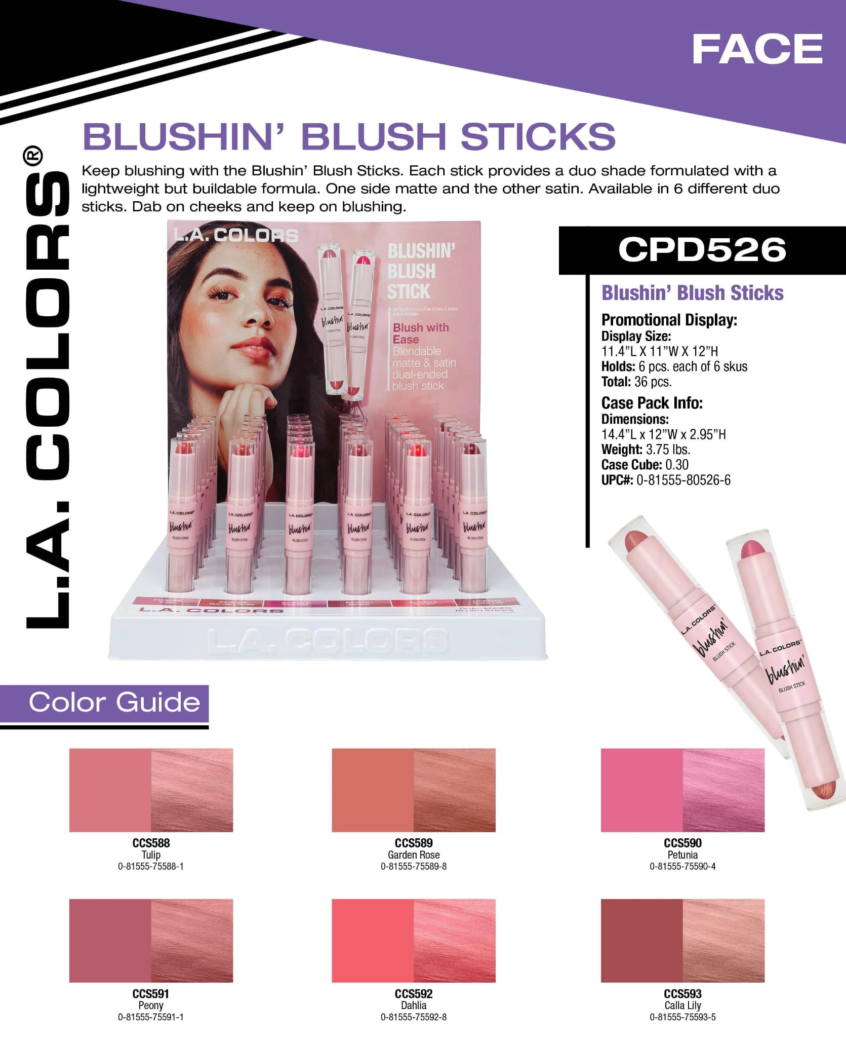 LA COLORS Blusin' Blush Stick - Dual-Ended Blush Sticks #CPD526B / 36pcs Display