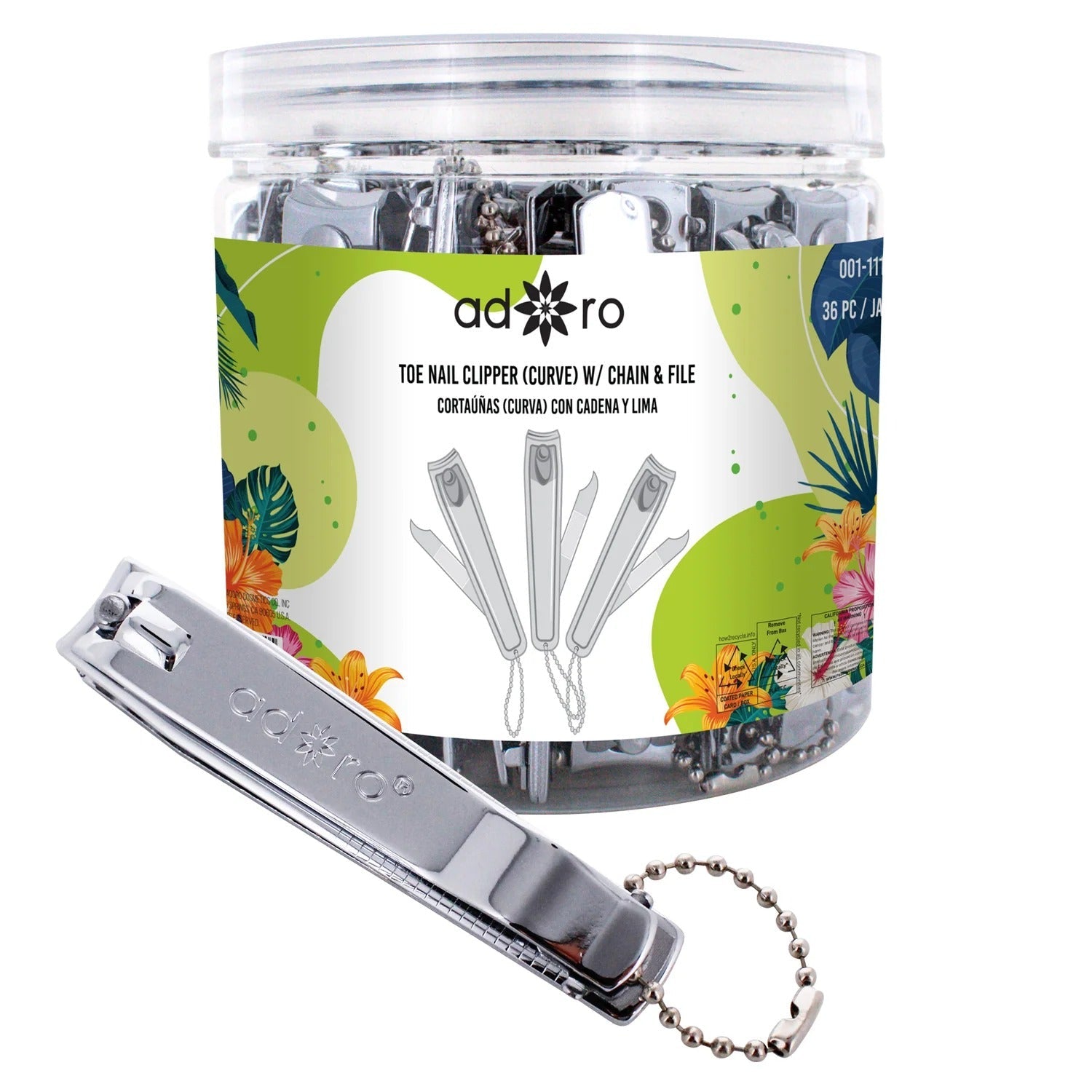 ADORO Toe Nail Clipper (Curve) Chain & File # 001-1111 36pcs Jar