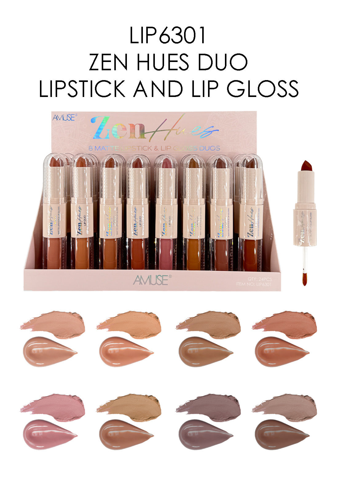 AMUSE Zen Hues 8 Matte Lipstick & Lipgloss Duo #LIP6301 | 24pcs Display