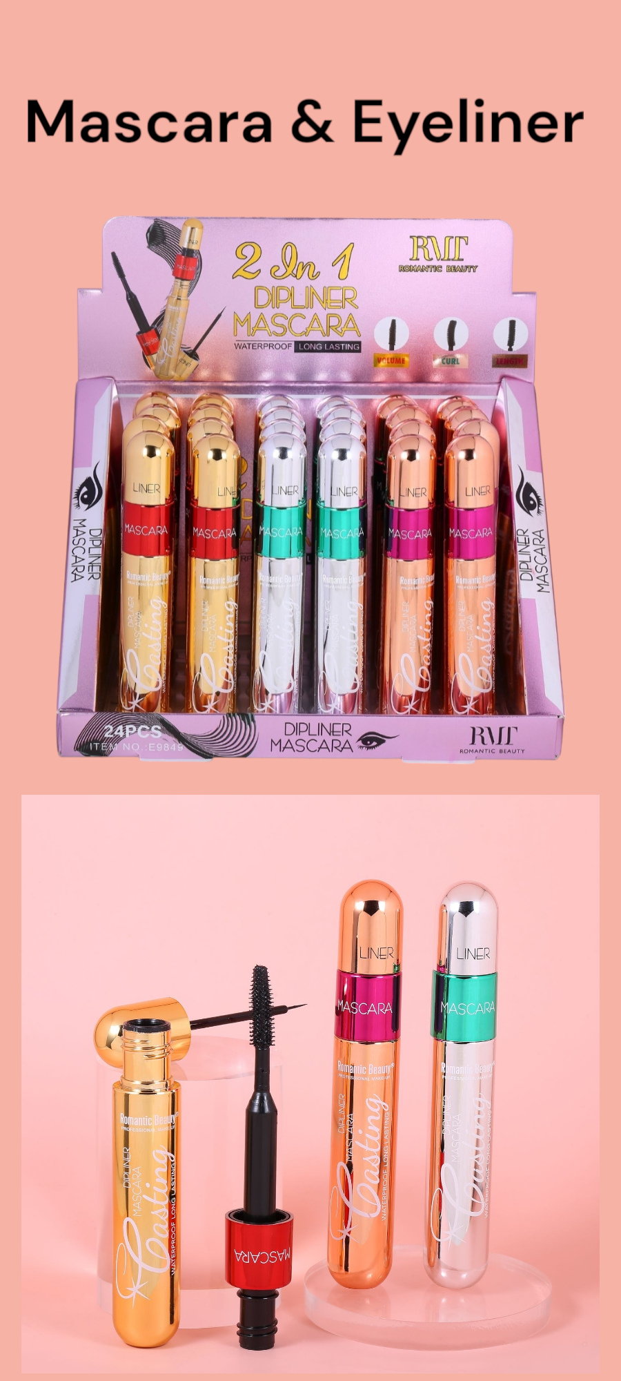 ROMANTIC BEAUTY 2 en 1 Dipliner Mascara Waterproof # E9849 24pcs Display