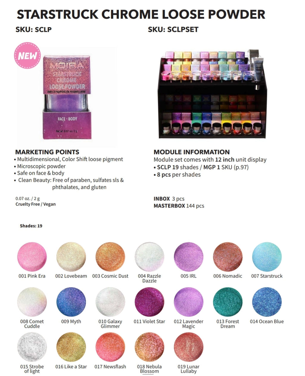 A display set of MOIRA Startruck Chrome Loose Powder, featuring various shades of eye shadow, including matte, glitter, and shimmer finishes.