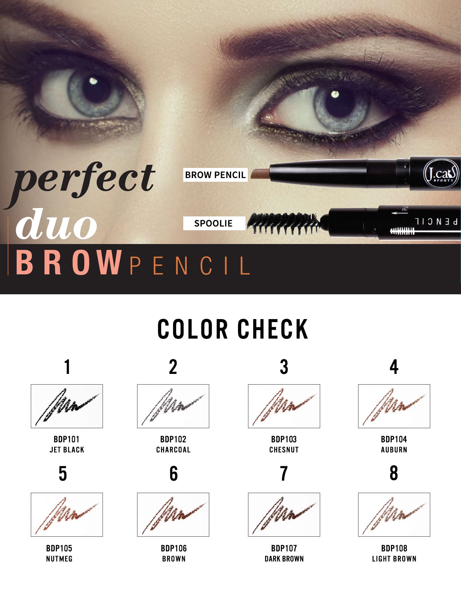 J. CAT BEAUTY Perfect Duo Brown Pencil w/ Display 96pcs Display + Tester