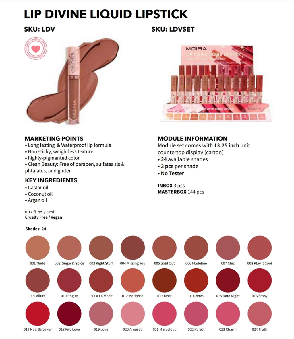 Moira Lip Divine Liquid Lipstick #LDVSET w/ Display | 72pcs Display