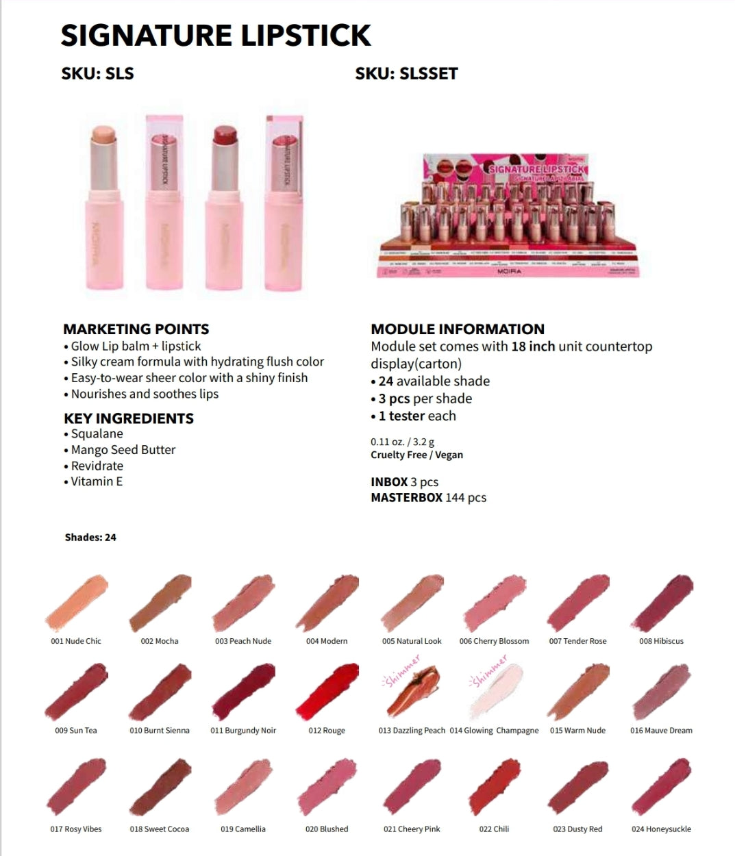 MOIRA Signature Lipstick Balm Texture  + Lip Shine w/ Display 72pcs Display + Tester