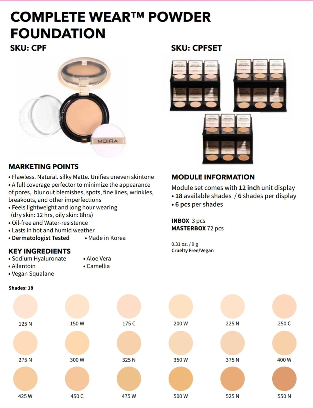 MOIRA Complete Wear Foundation Powder #CPFSET w/ Display + Tester