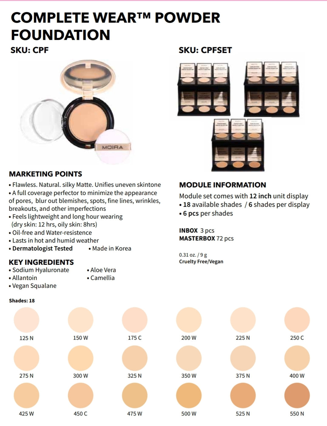 MOIRA Complete Wear Foundation Powder #CPFSET w/ Display + Tester