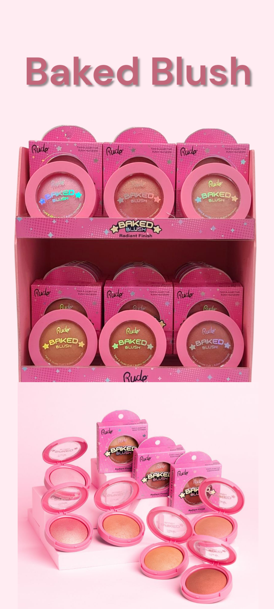 RUDE COSMETIC Baked Blush w/Display / 72pcs + Tester