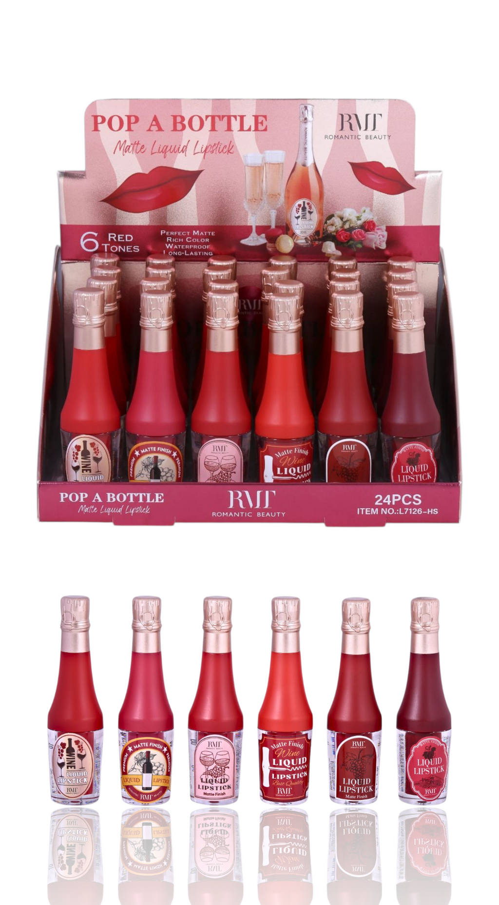 Romantic Beauty  Pop a Bottle Matte Liquid Lipstick  / 24pcs Display