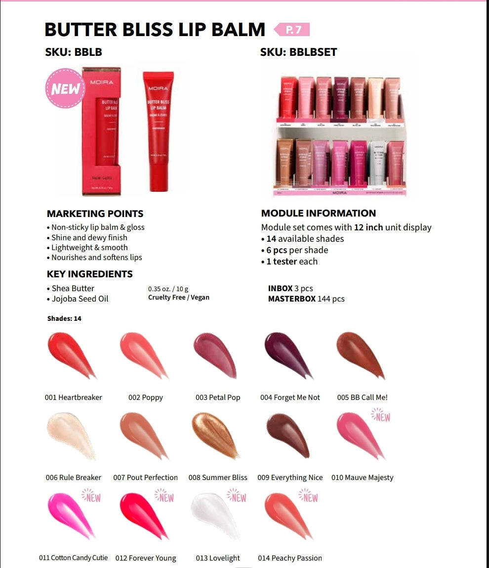 MOIRA Butter Bliss Lip Balm #BBLBSET w/ Display 84pcs + Tester