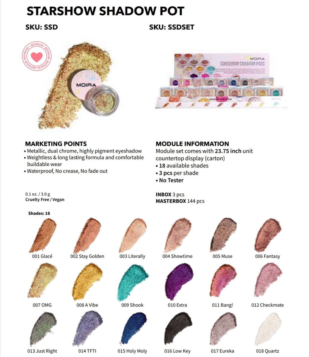 Product description sheet for Starshow Shadow Pot with color swatches and specifications.