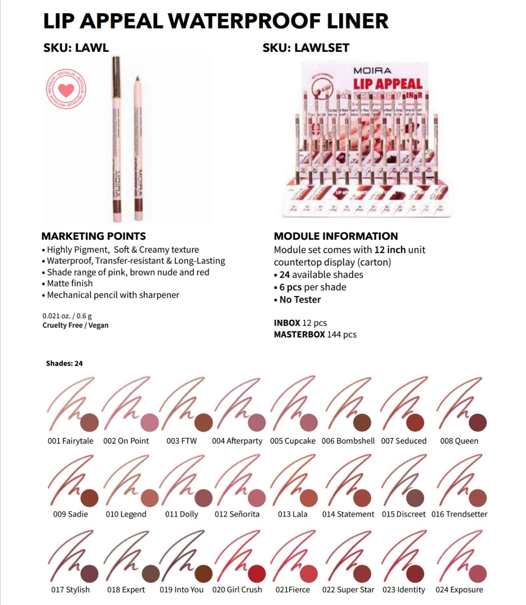 MOIRA Lip Appeal Waterproof Liner w/ Display | 144pcs Display