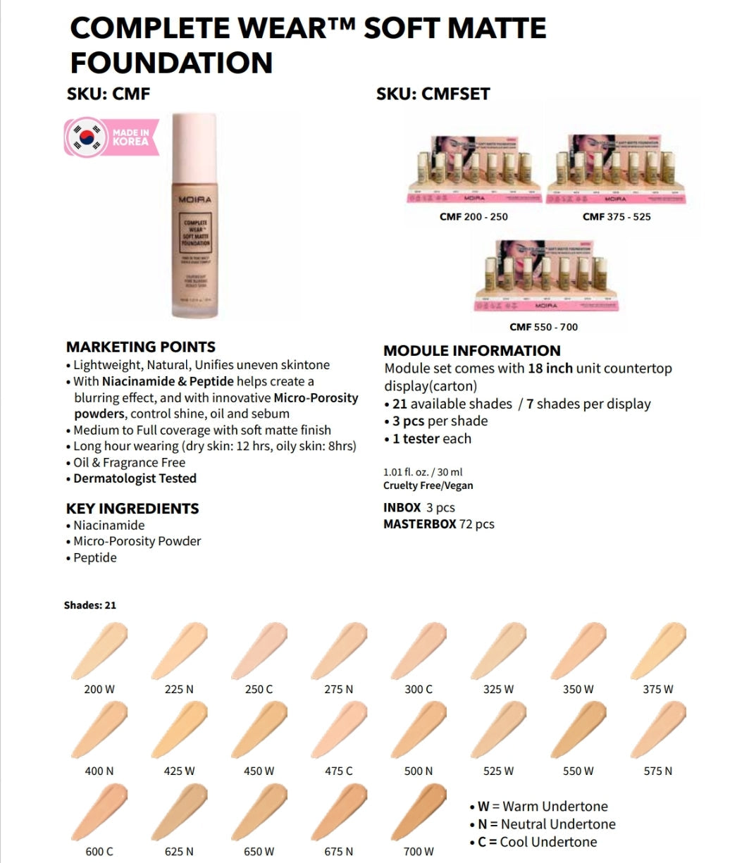 MOIRA Complete Wear Soft Matte Foundation Set C w/Display 21pcs Display + tester