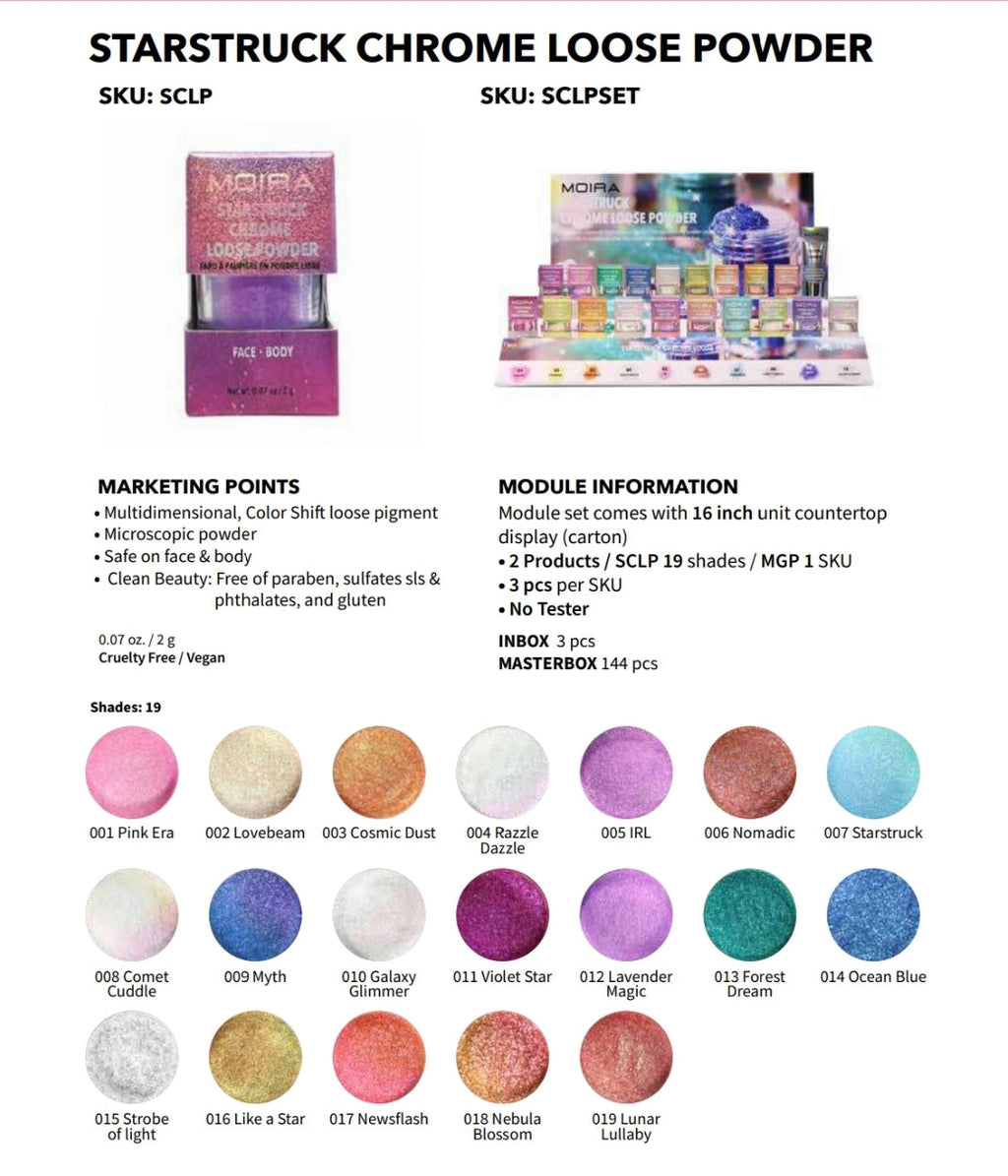 Product description for Starstruck Chrome Loose Powder with color swatches and module set information.
