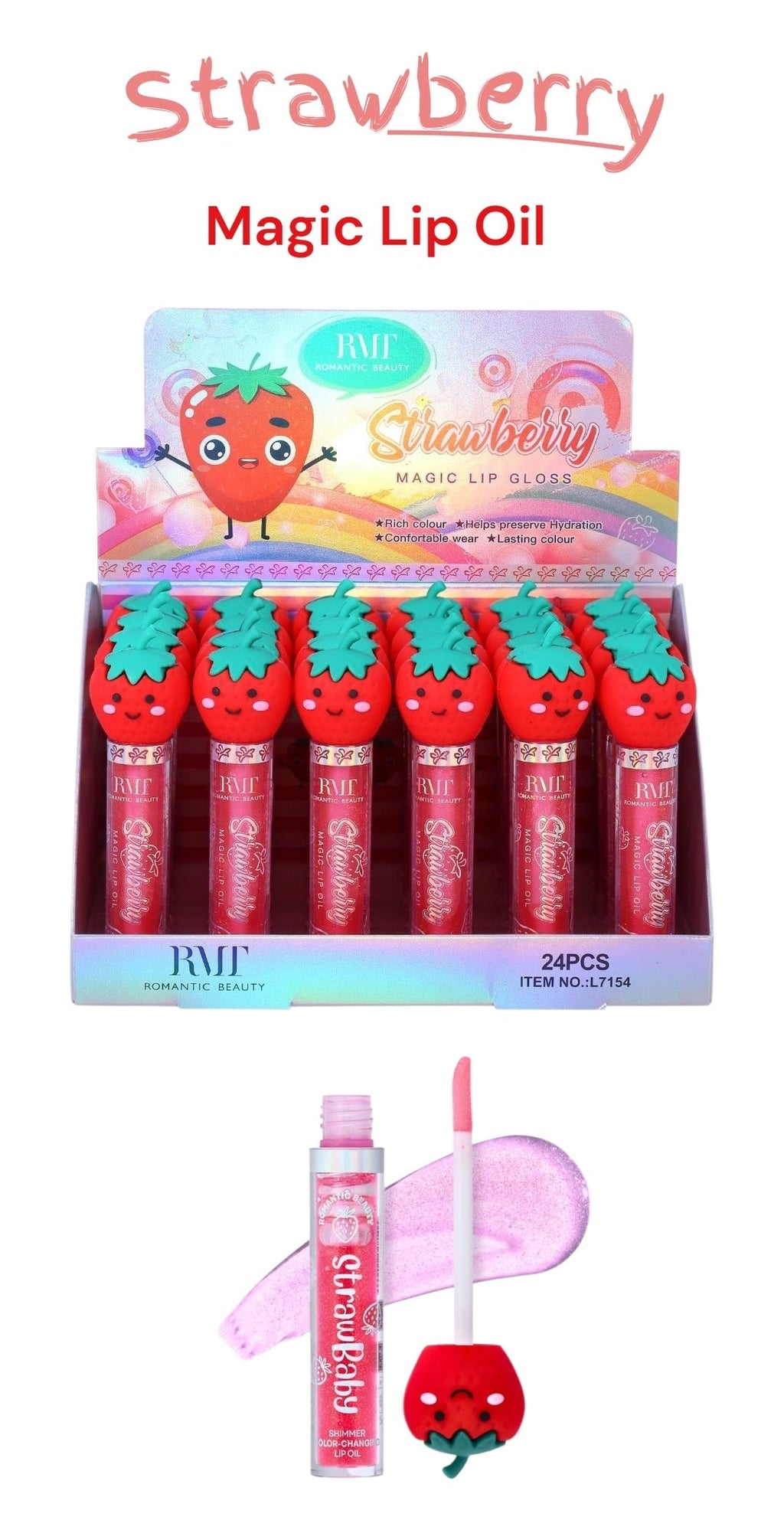ROMANTIC BEAUTY StrawBaby Shimmer Color Changing LipOil / 24pcs Display