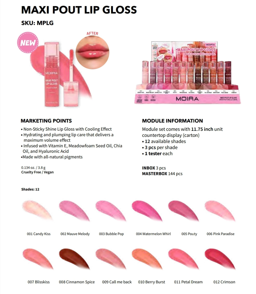 MOIRA Maxi Pout Lip Gloss w/Display 36pcs Display + Tester