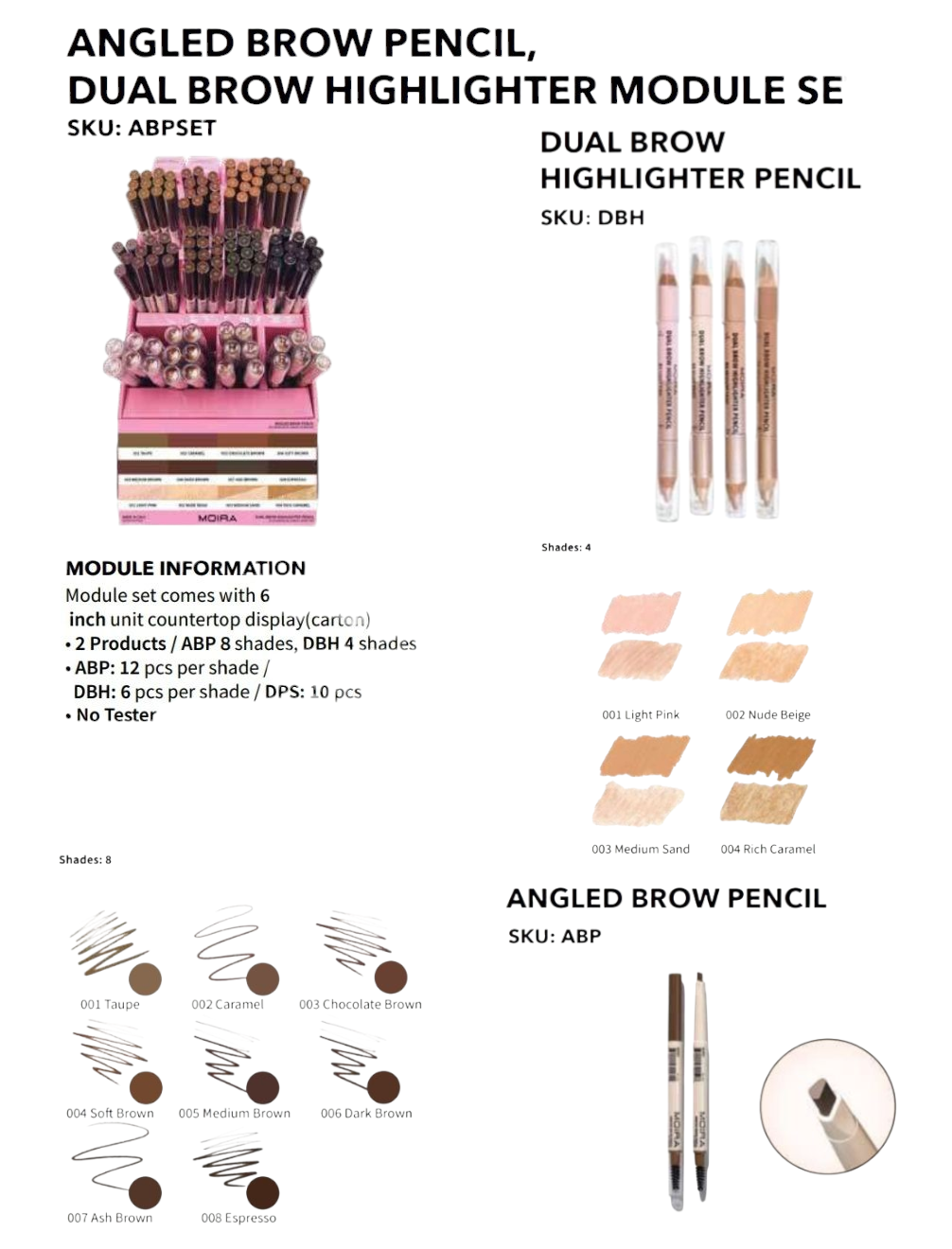 Product information for angled brow pencil and dual brow highlighter module set on a white background.
