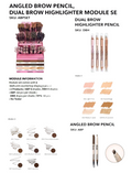 Product information for angled brow pencil and dual brow highlighter module set on a white background.